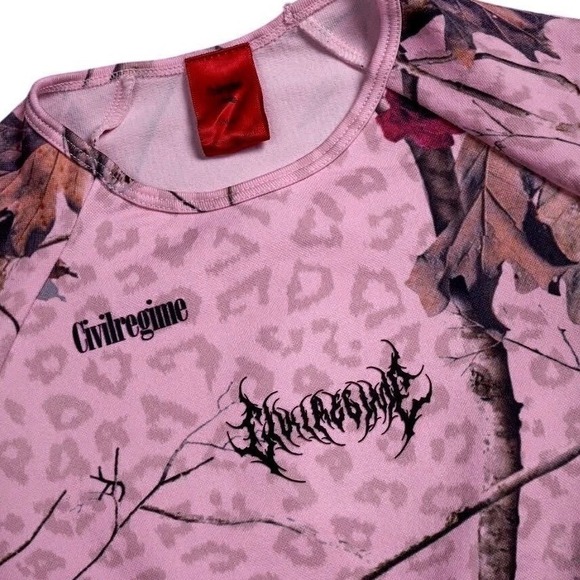 Civil Regime Concrete Forest Seamless Long Sleeve Baby Pink Leopard Camo Top L - Picture 3 of 4